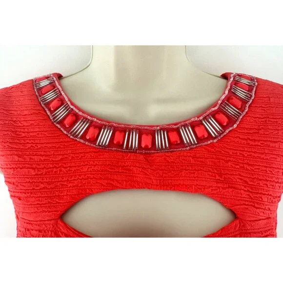 Sandra Darren Orange Coral Beaded Cutout Neckline Fit & Flare Dress Size 14 - Picture 3 of 10